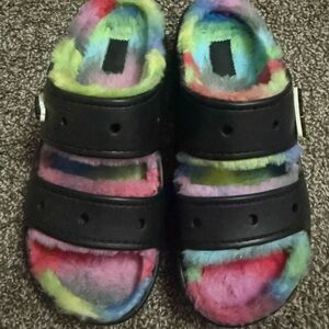 CROCS Black and Multicolor Fuzzy Sandals